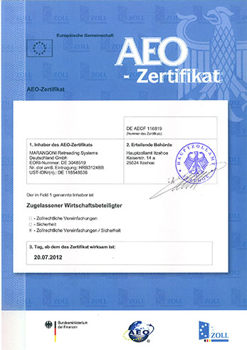 Marangoni Retreading Systems Deutschland - AEO Zertifikat