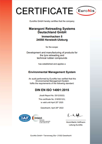 Marangoni Retreading Systems Deutschland - ISO 14001:2015