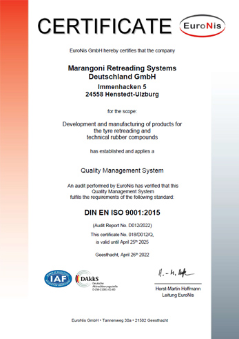 Marangoni Retreading Systems Deutschland - ISO 9001:2015